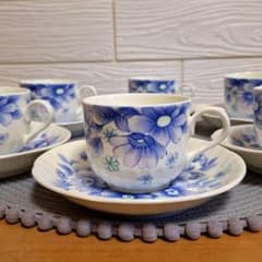 美品 ナルミ ボーンチャイナ カップ＆ソーサー 6客セット 青花柄