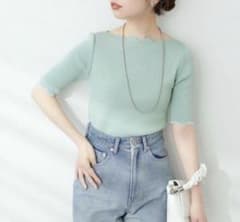 natural couture袖口配色スカラップ強撚ニット5分袖のサムネイル