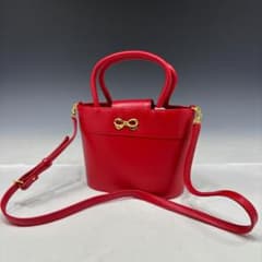 希少★HANAE MORI サークルロゴ スクエア ハンドバッグ レッド 美品【森英恵/HANAE MORI本物】ハンドバッグ/レザー/2WAY/レッド