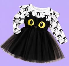 猫プリントフリルドレス白黒【120】のサムネイル