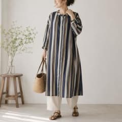 カリネ✨シャツワンピース ストライプ M インド綿 麻混 ナチュラルのサムネイル