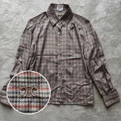 ビンテージ 【胸下マガダム刺繍】セリーヌ チェック 長袖シャツXL シルク100 ビンテージ 【胸下マガダム刺繍】セリーヌ チェック 長袖シャツXL