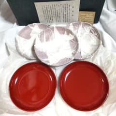 未使用】会津塗 朱塗り 銘々皿 茶托 5客セット 天然木製 漆器 菓子皿