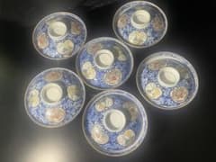 美品・共箱付】九谷焼 永楽窯 染付唐草絵 大平茶碗 5客揃 煎茶碗 蓋付