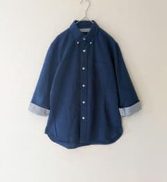 ユニオンステーション メンズビギ リネン シャツ 七分袖 紺 ボタンダウン