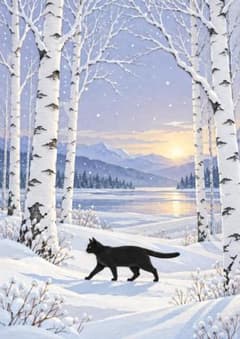 A4 黒猫 白樺 雪景色 冬 北欧 ポスター【c1166】 - 4