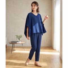 【美品】ドレスラボ ドレープトップス パンツセットアップ ネイビー Lのサムネイル