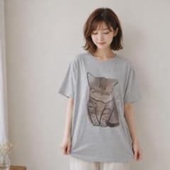 猫イラスト オーバーサイズ Tシャツ 綿100 半袖 男女兼用 グレー L 新品のサムネイル