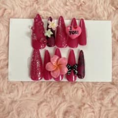 現品 ネイルチップ ハンドメイド コーラルピンク ブラック ギャル 花のサムネイル