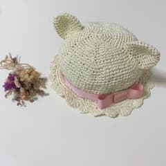 新品！赤ちゃん麦わら帽子　くま耳リボンのサムネイル