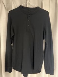 メンズ ヘンリーネック ワッフル長袖Tシャツ ブラックのサムネイル