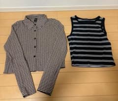 レディース チェックシャツ クロップド ボーダー タンクトップ 2点セットのサムネイル