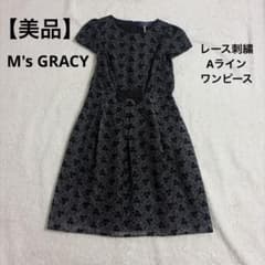 美品】エムズグレイシー ワンピース 半袖 リボン 刺繍 Aライン