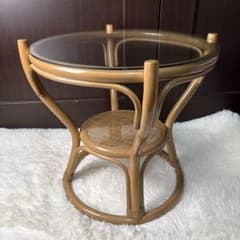 ラタン 籐 ガラス天板 ラウンド サイドテーブル 丸型 籐家具 - メルカリ