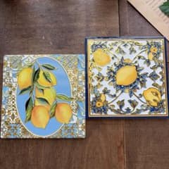Lemon pattern tile coaster, retro antique ceramic item.