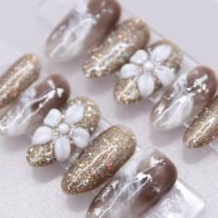 253 ネイルチップSサイズ 韓国 大人 上品 ニュアンス ラメ 立体
