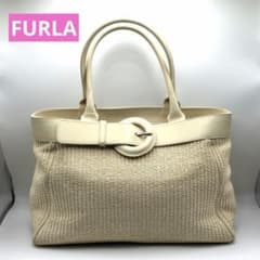 FURLA フルラ　ハンドバッグ　トートバッグ　ストロー素材　アイボリー