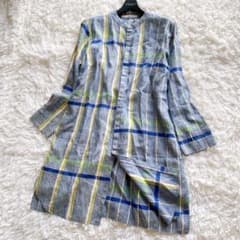 美品 パラスパレス チェック柄チュニック 長袖 ブルー リネン100% 日本