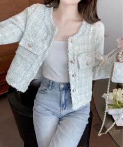 ノーカラーツイードジャケット ミントグリーン ノーカラーツイードジャケット ミントグリーン - メルカリ