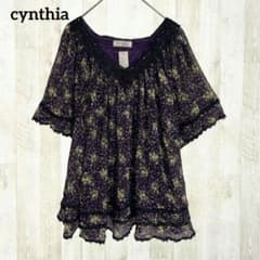 cynthia 반팔 블라우스 튜닉 L 보라색 꽃 무늬 쉬폰 레이스 투명감