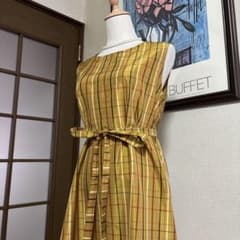 黄八丈 Aラインフレアワンピース 絹 紬 草木染め 着物リメイク 反物