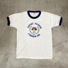 80s USA製 ビンテージ リンガーTシャツ レインボー シングルステッチ 白