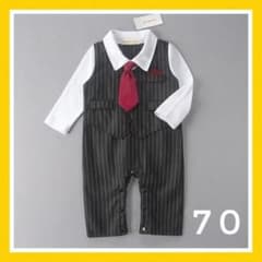 70cmネクタイ付き長袖黒ストライプベビーロンパース 男の子スーツタキシードのサムネイル