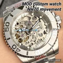 【NH70 MOD カスタム 自動巻 腕時計】スケルトン シルバー ブルー 銀 NH70 MOD カスタム 自動巻 腕時計】スケルトン シルバー ブルー 銀