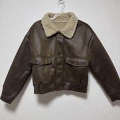 レディース ボア襟 フェイクレザー ジャケット ブラウンのサムネイル
