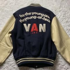 VAN JACKET スタジャン 袖レザー アーチロゴ ネイビー M - メルカリ