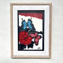 アクリル画 蝶の花札絵　ハガキサイズ　額付き　イラストのサムネイル