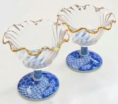 美濃焼 三洋陶器 龍峰窯 染付捻祥瑞 ガラスデザート鉢揃 高台小鉢 5個セット 三洋陶器 龍峰窯 染付捻祥瑞 ガラスデザート鉢揃 2客 高台小鉢