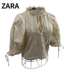 ZARA ザラ レース編み ニット切替 ブラウス エクリュ ハイネック