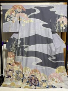 訪問着 、ロング丈、灰紫地 草花模様 、青々作.正絹、No634T - メルカリ