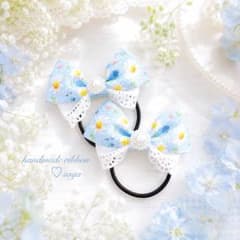 ハンドメイド キッズリボンヘアゴムセット 花柄 水色 ブルー - メルカリ