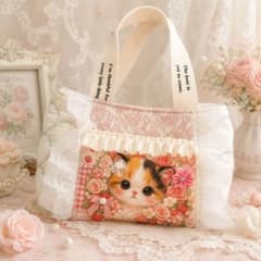 パネル生地 猫 フリル トートバッグ ピンク 花柄 コヤンイサムチョン