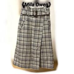 《Mila Owen》벨트 부착 체크 무늬 롱 스커트 트위드 톤 울 혼합 M