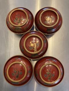 骨董 時代 輪島塗 蓋付き椀 菓子椀 朱塗り 朱漆 金蒔絵 松竹梅 5客
