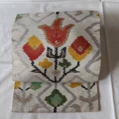 正絹 名古屋帯 抽象花文様 刺繍 シルバーグレー お稽古 リメイク 