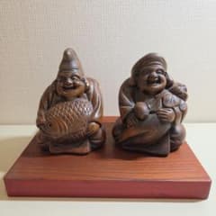恵比寿 大黒天 陶器 置物 2体セット 刻印あり 飾り台つき 七福神