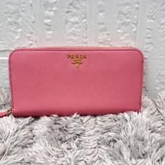 良品 PRADA ラウンドファスナー サフィアーノ メタルロゴ ピンク 長 