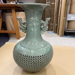 高麗青磁 青山作 透かし彫り 双耳 花瓶 飾り壺 鶴文様 伝統工芸品 古