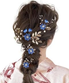 新品　髪飾り 4点セット パール 花 ヘアアクセサリー 成人式 結婚式 ブルーのサムネイル