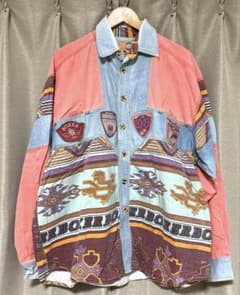 BOXER デニム切替 総柄 長袖シャツ メンズ レトロ古着