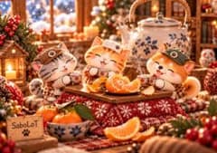 アートポスター 冬の団らん 猫 柴犬 インテリア014