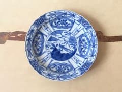 能登蔵出し 時代物 染付 古染付写し 芙蓉手 バッタ文 輪花皿/飛蝗文 銘々皿 能登蔵出し 時代物 染付 古染付写し 芙蓉手 バッタ文 輪花皿/飛蝗文