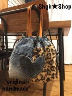 デニム リメイク 巾着 バッグ ニット レオパード ボアのサムネイル