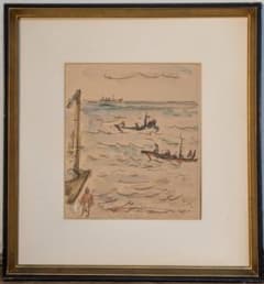 【真作】絵画　水彩（色紙）　漁船の見える浜辺　淡彩スケッチ風風景画　Z154 真作】絵画 水彩（色紙） 漁船の見える浜辺 淡彩スケッチ風風景画 Z154