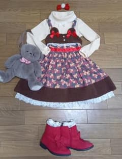 130～140㎝相当美品2点セット☆ハンドメイドくまボアチェックワンピ+タートルのサムネイル