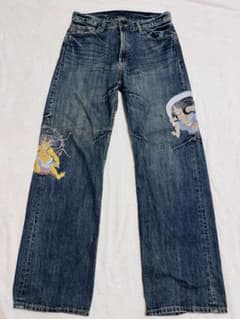 Y2K風神雷神 刺繍 デニムパンツ インディゴW33L32のサムネイル